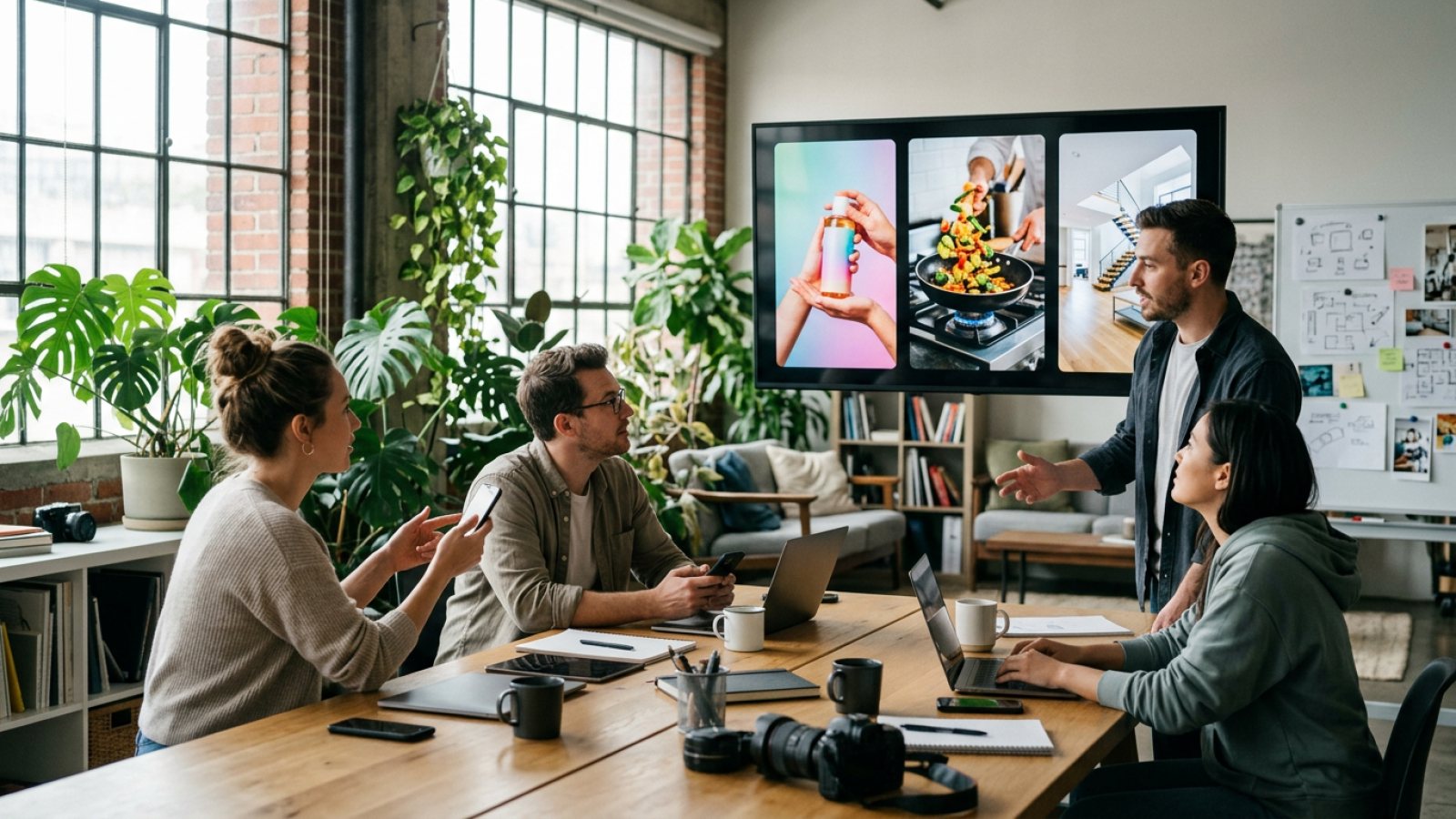 Business team using AI video generation for marketing